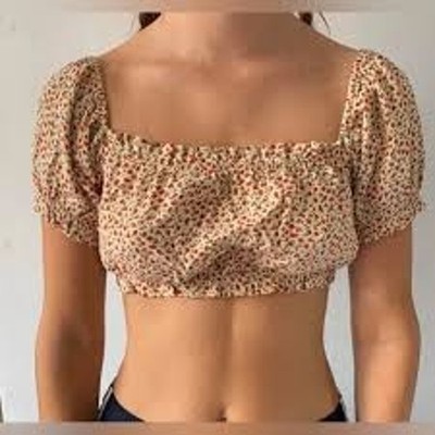 Brandy Melville Floral Puff Sleeve Off Shoulder Crop Top One Size Boho