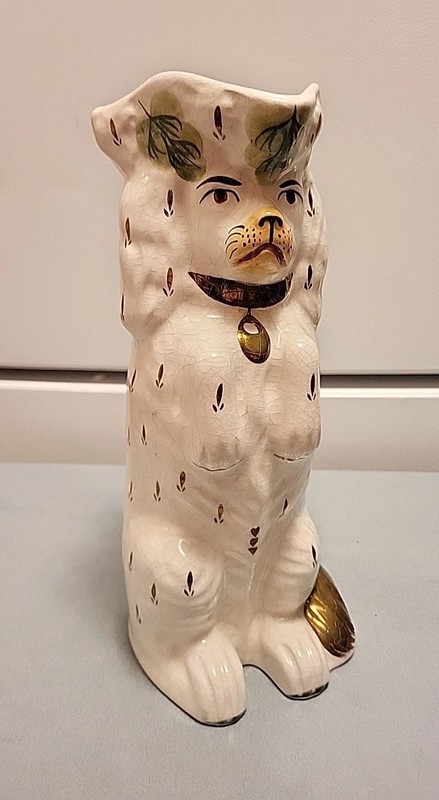 English Staffordshire Spaniel Dog Pitcher Statue White & Gold Gilded