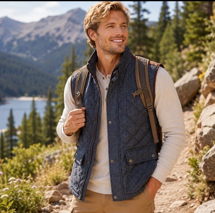 Pronto Uomo Quilted Wool Blend Vest Large Gray Herringbone Snap Front Men’s