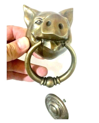 small 6 " Solid heavy pure Brass Door Knocker PIG Head ring pull in mouth - image 1 of 4