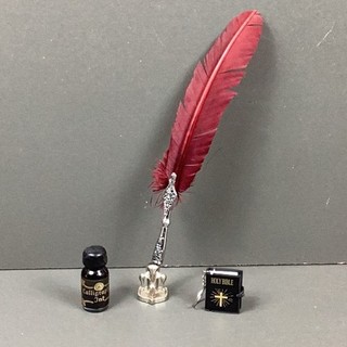 Feather Quill Pen Set with Calligraphy Ink Stand and Bible Keychain IN#755