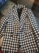 Rachel Zoe Tweed Houndstooth Blazer Black White Double-Breasted Size S