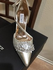 Badgley Mischka Silver Satin Rhinestone Ankle Strap Pointed Toe Pumps 8.5B