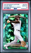 2025 BOWMAN SAPPHIRE EDITION CHROME PROSPECTS GREEN LEO DE VRIES 86/99 PSA 10
