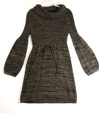 Calvin Klein Knit Sweater Dress Tan Belted W/ Cowl Neck Balloon Sleeve Size M
