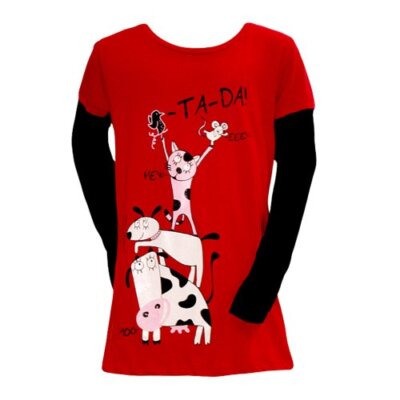 Ladies Red Animal Printed Long Sleeve TA-DA T Shirt Top Blouse Sizes 8 -10