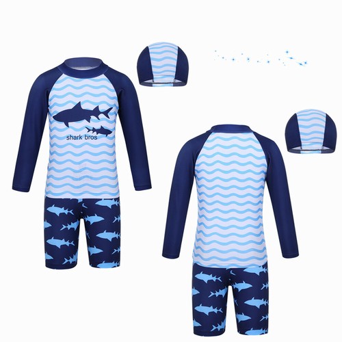 US Kids Boys Tankini Swimsuits Rash Guard Striped Printed Swim Shirts Cap Set - Picture 3 of 7