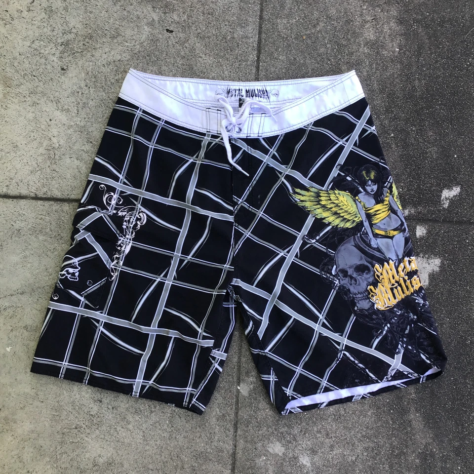 Pantalones Cortos Mulisha Metal Hombres Talla 38 Negros Mujeres Calaveras de Ángel Alas Gráficos Foto 2 de 4