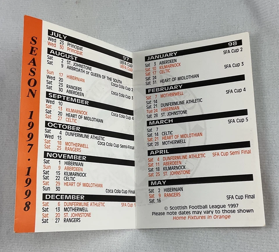 EFB 1998-1999 Dundee United Fútbol (Fútbol) Lista de partidos-Telewest Foto 2 de 2