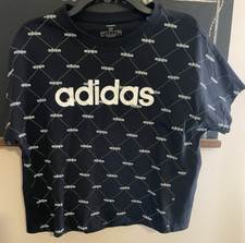 Adidas Black T-Shirt Cotton Cropped Top Size Medium White Adidas Print