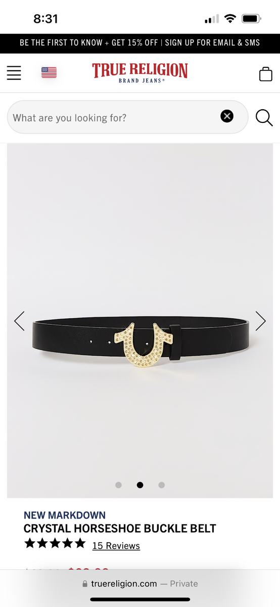 True Religion Mens Crystal Horseshoe Buckle Belt Black/Gold Size