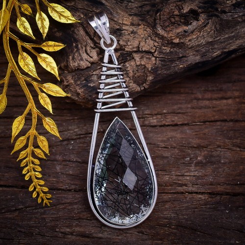 Valentine's Day Black Rutilated Quartz Gemstone 925 Sterling Silver Pendant - Picture 3 of 3