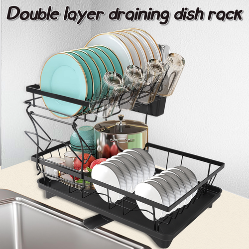 2 Tier Kitchen Sink Dish Drainer Rack with Drip Tray Cutlery Holder