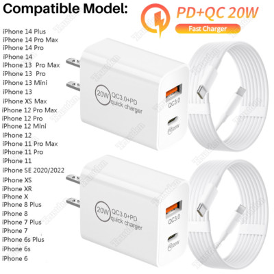 For iPhone 14 13 12 11 Pro XR 8 20W PD QC Power Adapter Cube Fast Charger Cable