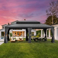 Domi 12x20Ft Hardtop Gazebo Double Roof w/Curtain&Netting,Built-in gutter system