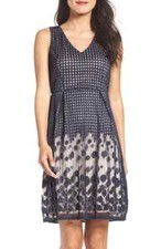 Adrianna Papell Pleated Plaid Dot Fit & Flare Dress Navy/Pink Size 10 $160 NWT