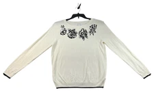 Elle Sweater Womens Size Large Ivory Black Floral Long Sleeve