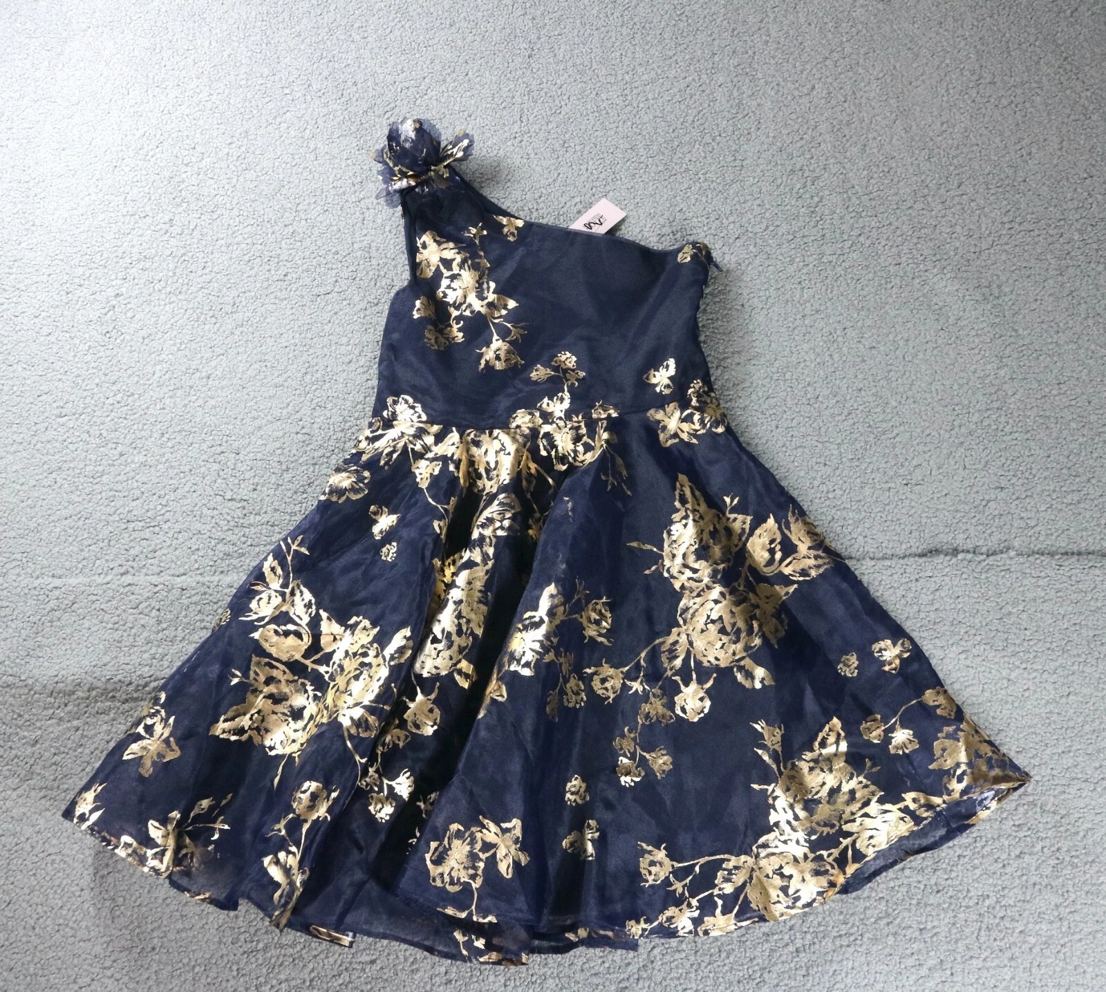 Marchesa Notte Dress Girls 12 Blue Gold Floral One Shoulder Formal Lined USA New