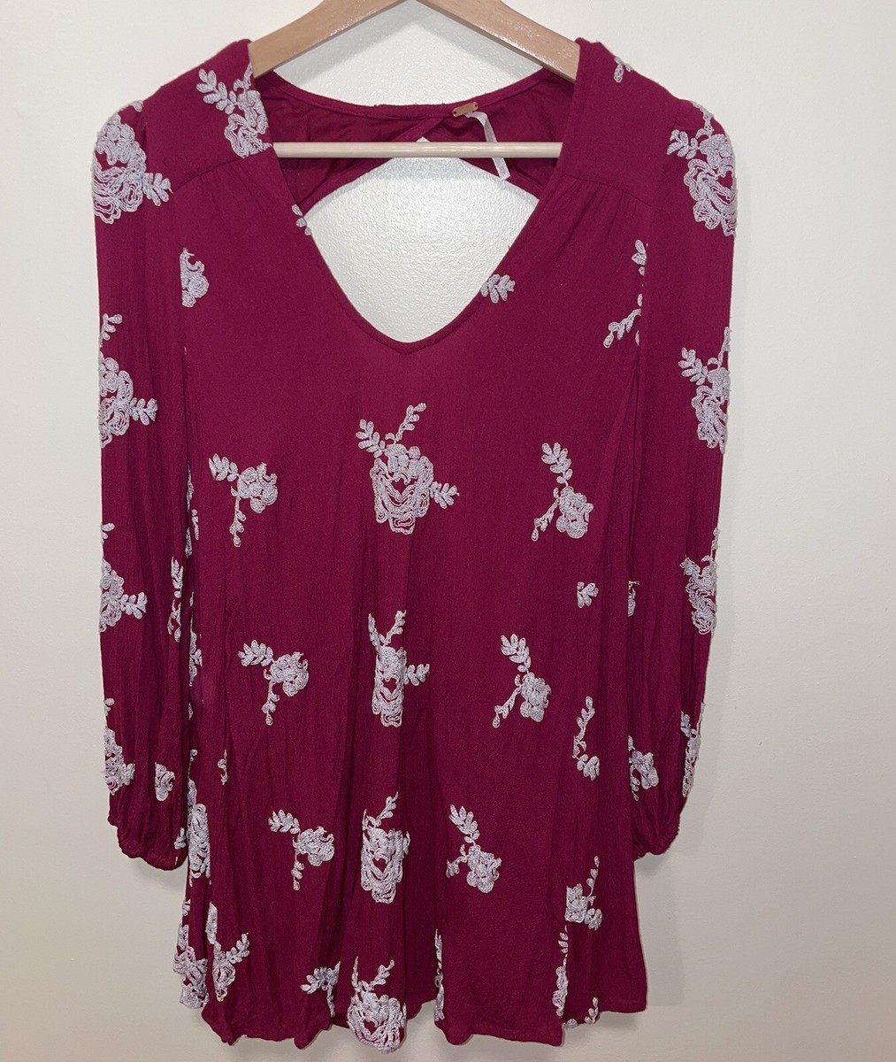 free people embroidered austin mini dress FREE PEOPLE Embroidered Austin Mini Dress Berry Red Floral Boho Sz XS