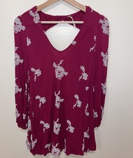 FREE PEOPLE Embroidered Austin Mini Dress Berry Red Floral Boho Sz XS 