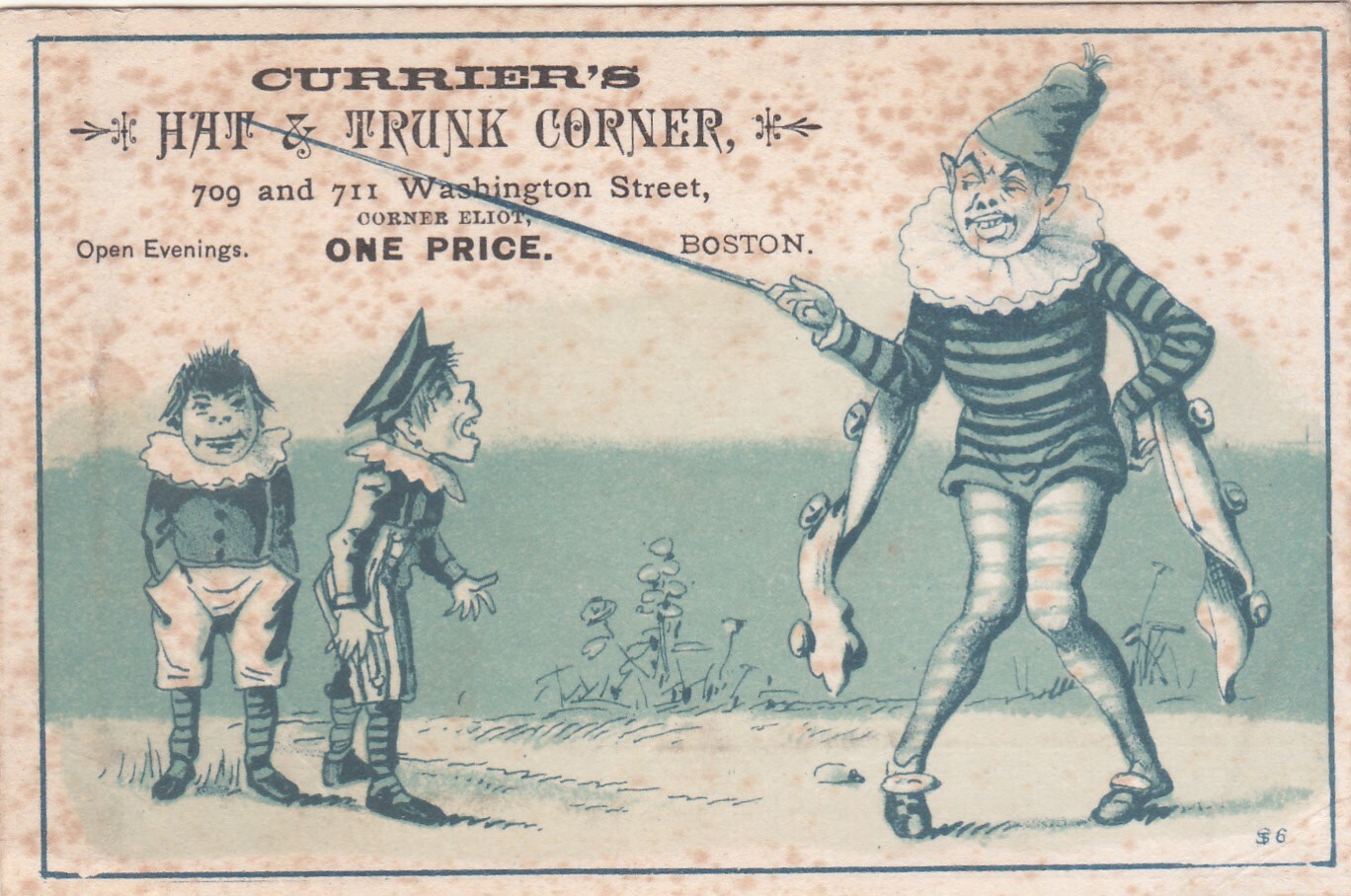 Currier's Hat & Trunk Corner Boston Clown Jester Instructor Vict Card c1880s