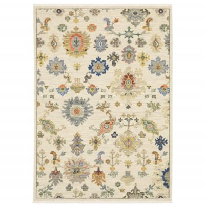 6' X 9' Ivory Beige Gold Grey Blue Pink Red Rust And Green Oriental Power Loom
