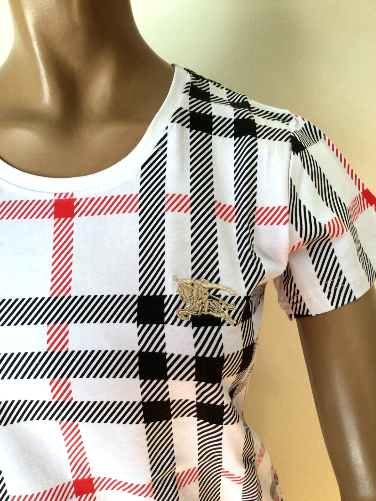 NEW BURBERRY LONDON  WHITE/BLACK/RED COTTON STRETCHED TOP SIZE XL