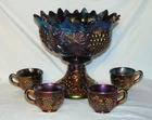 Vintage Northwood Grape & Cable Electric Purple Carnival Glass 6 pc Punch Set