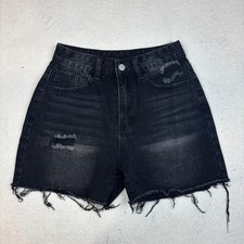 Shein Cut-Off Jean Shorts Women's Petite S Black Dark Wash Distressed Ripped Hem