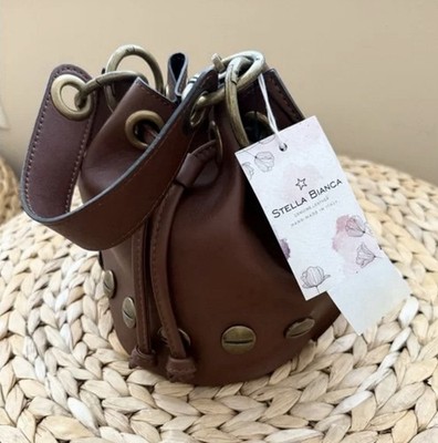 NWT Stella Bianca Italian Leather Bucket Bag Crossbody Purse Brown / Gold