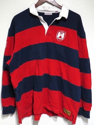 vtg Reebok WOLFSBURG GERMANY RUGBY Shirt XL Coat of Arms Castle Wolf Red Striped