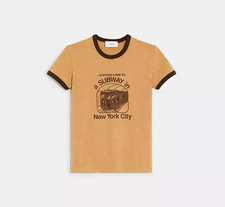 USED COACH Women’s Signature Subway T Shirt Brown In Organic Cotton size XL