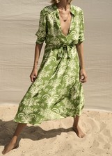 ABITO STAMPATO ZARA CON CINTURA VERDE MANICHE LUNGHE SS22 TAGLIE XS-XXL...