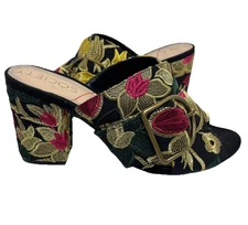 Sole Society Cezanne Gold Embroidery Mules 8.5 Boho Luxe Floral Large Buckle