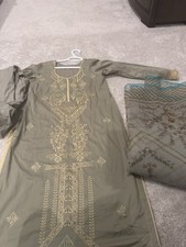 Olive Green Cotton Embroidered Salwar Kameez Set with Matching Dupatta Women