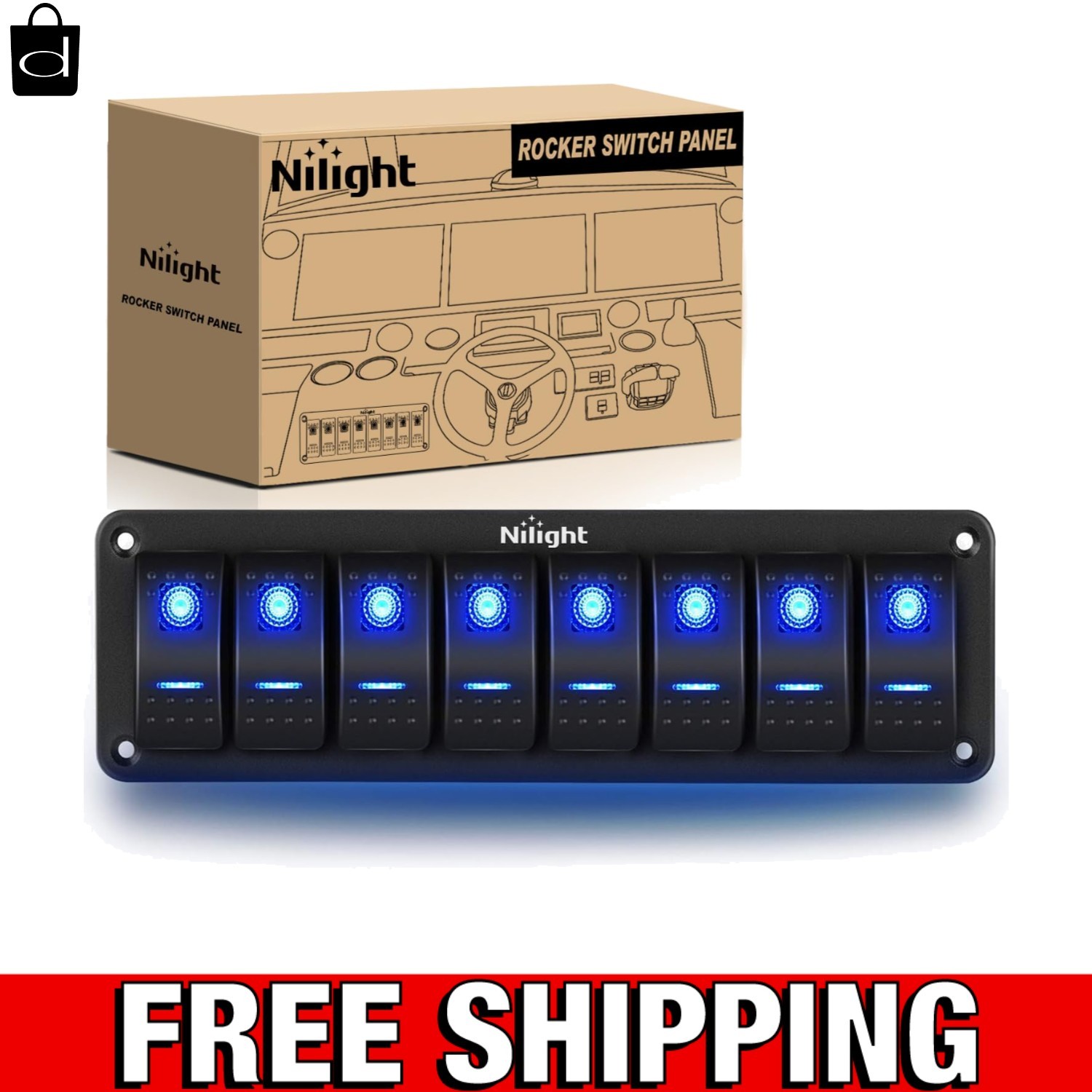 Blue Backlit 8 Gang Aluminum Switch Panel - Perfect for Customized Vehicle Use