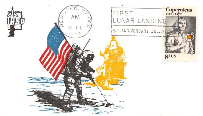 APOLLO 11 5th ANN. 7/20/74 IASP FLAG CACHET CARD NYC CANCEL 10c COPERNICUS #1488