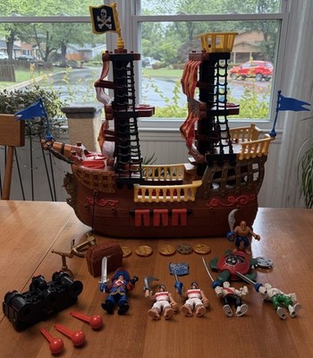 Fisher Price Imaginext Pirate Ship Lot with 5 Figures Turtle Weapons Map +