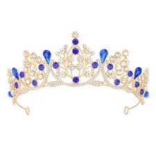 Gold Blue Princess Tiara for Women Bride Queen Crown for Wedding Birthday