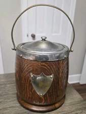 Biscuit Barrel Tobacco Jar w/Lid English Antq Porcelain Lined Oak Wood Very Nice