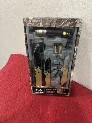 Realtree 4 Pack  Combo Kit- 2 knives, multifunction tool and Flashlight 
