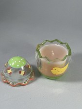Easter Egg Shaped Glass Candle with Chick Design, Green Yellow, Lidded, 4in