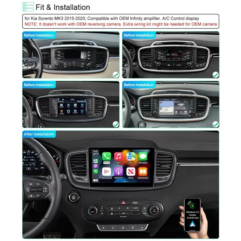 Radio de coche 10" 6+128 GB para KIA Sorento MK3 2015-2020 inalámbrica Carplay Android GPS Foto 3 de 4