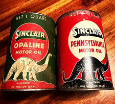 Vintage Sinclair Oil cans - Green and Red - both lids