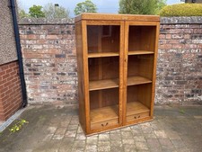 Large Tall Vintage 1940s Oak Glazed Bookcase Shop Display Cabinet With Drawers