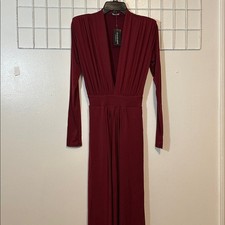 Fashion Nova Women M Dress Evening Gown Burgundy Maxi High Slit Deep V 6281