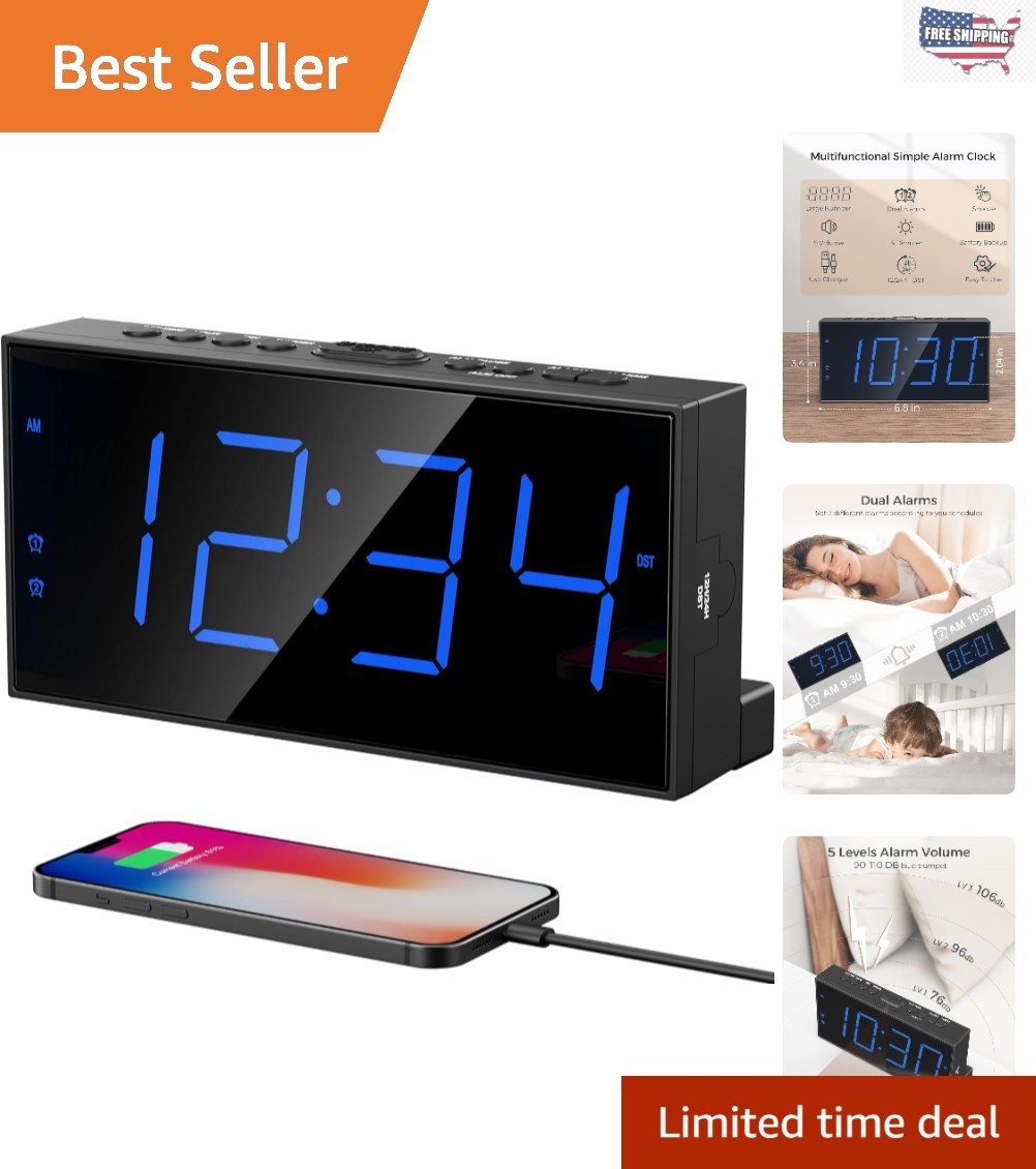 Large Display USB Alarm Clock with Adjustable Volume and Brightness Control