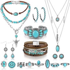 15 Pcs Bohemian Turquoise Jewelry Set for Women, Western Turquoise fashion