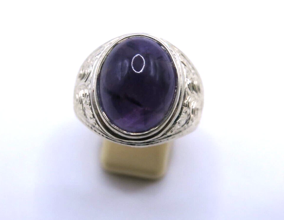 Men's Mid-Century Sterling Silver Amethyst Ring – Oval Bezel Set, Size 13 - Image 2 of 4