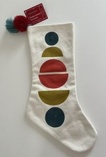 World Market Embroidered Ivory Geometric Holiday Christmas Stocking 8x21  